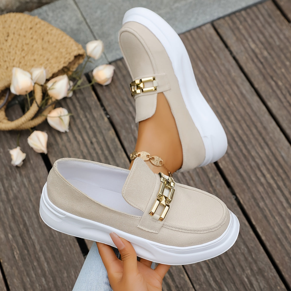 Women's Slip-On Loafers with Cushioned Rubber Sole Beige Comfortable All-Season