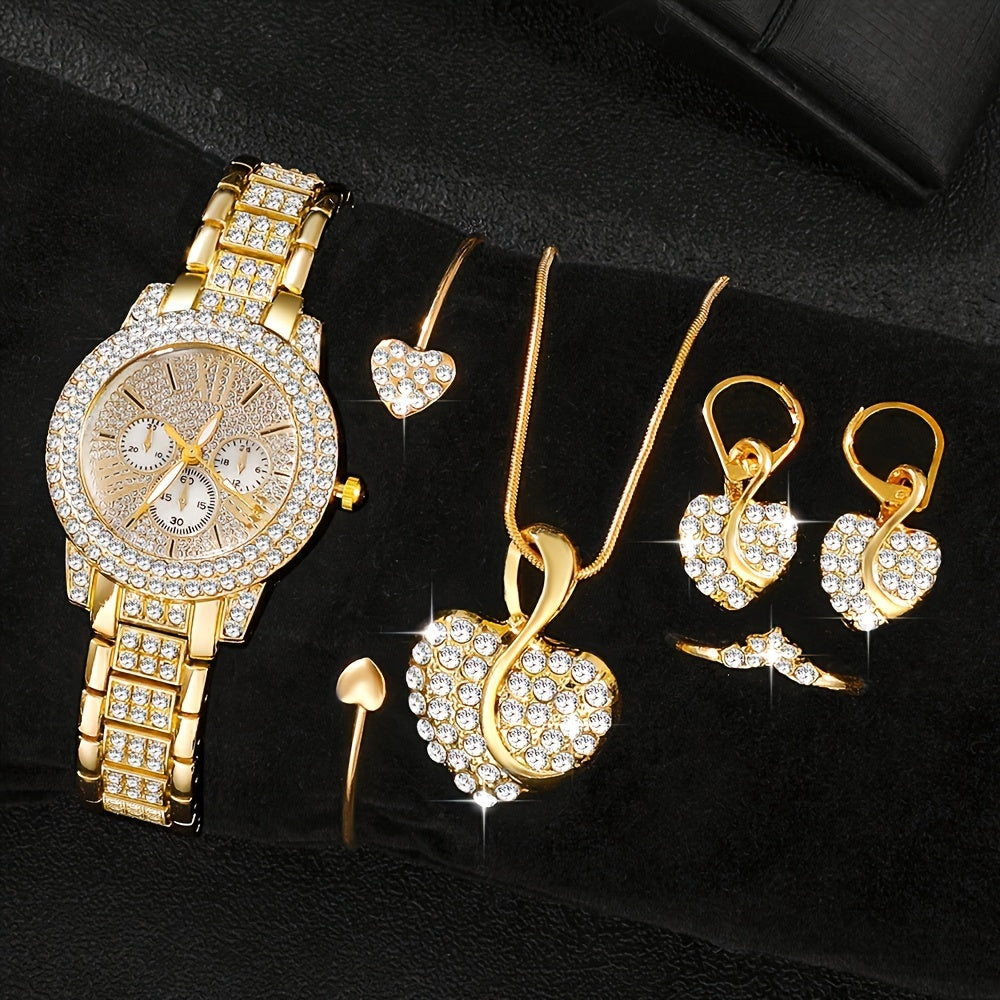 Set de reloj y joyería de 6 piezas con cristales de oro para mujer con movimiento de cuarzo