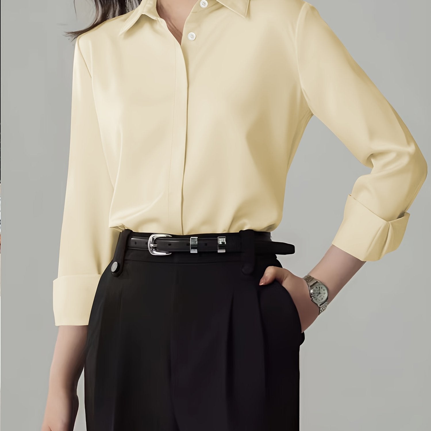 Women's Long Sleeve Shirt Polyester Solid Color Elegant French High-End 2024