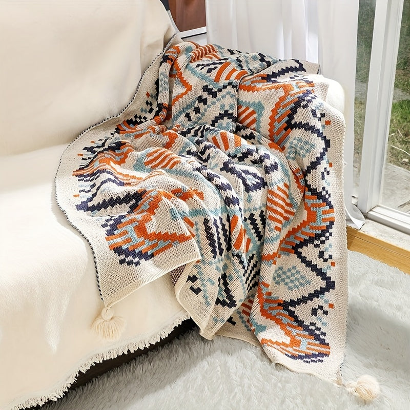 Bohemian Geometric Pattern Blanket with Tassels for Couch or Bed
