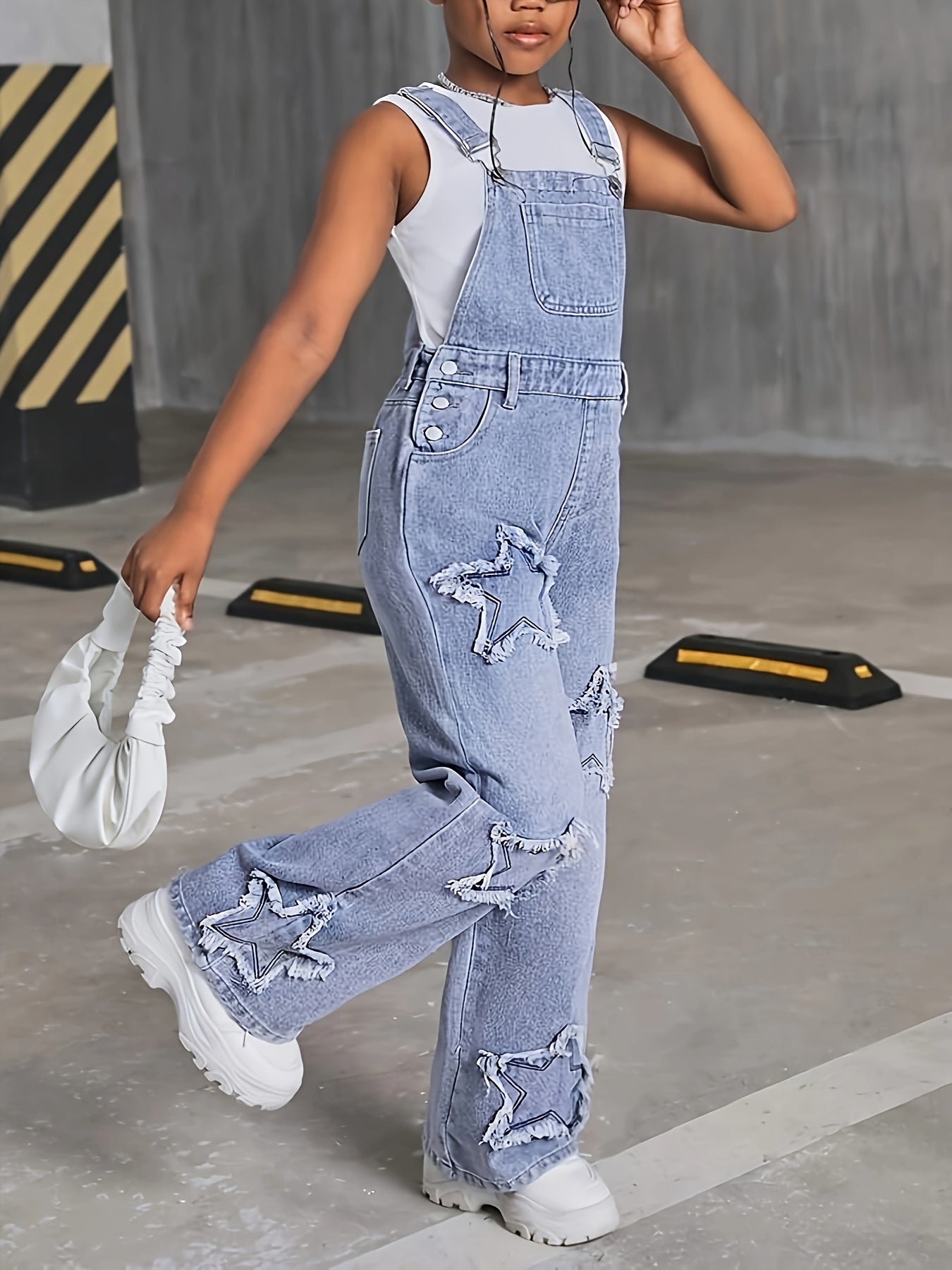 Джинсовый комбинезон с широкими штанинами для девочек с нашивкой в виде звезды и длинной длиной