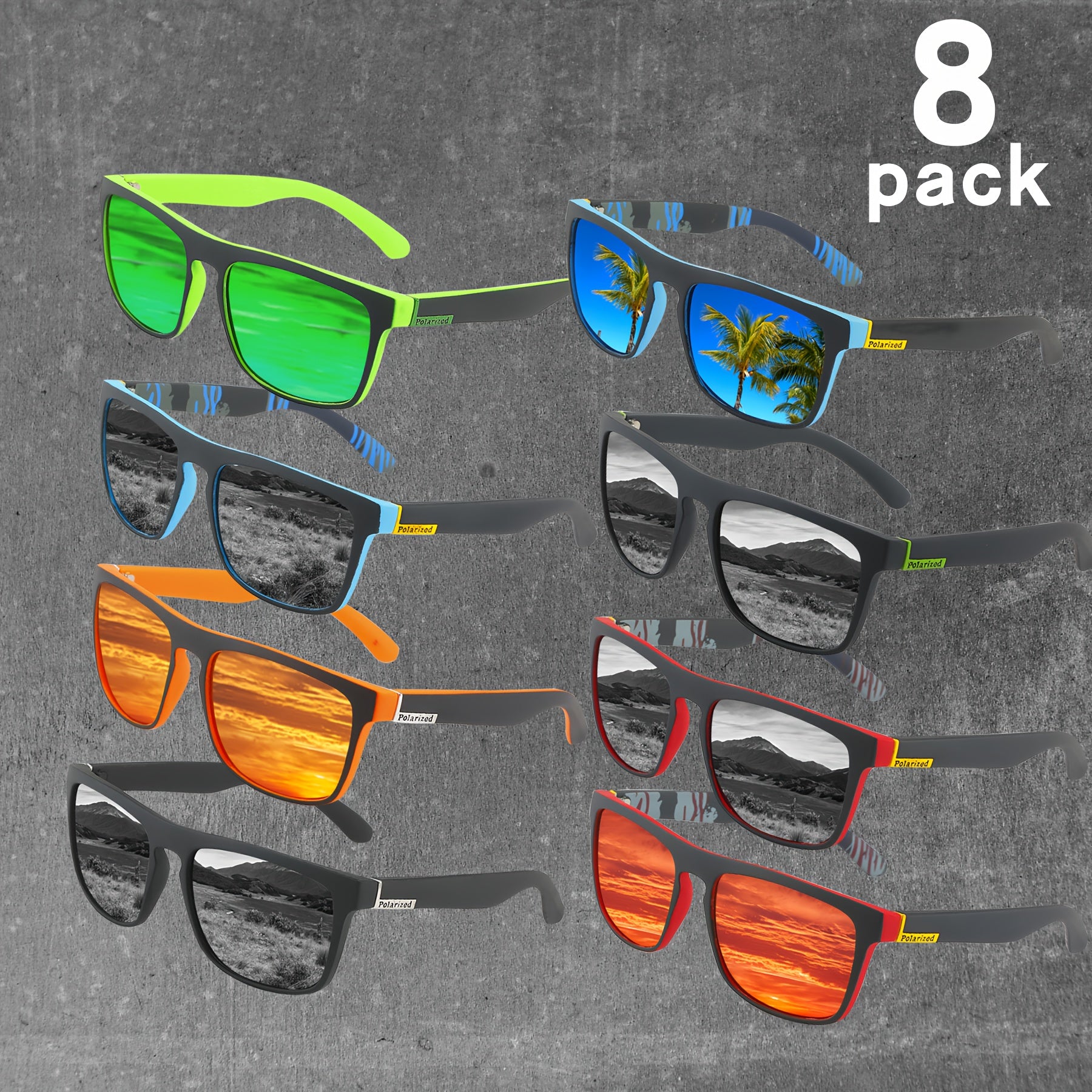 Set of 8 Unisex Polarized Sports Glasses with Plastic Lenses for Hiking and Fishing