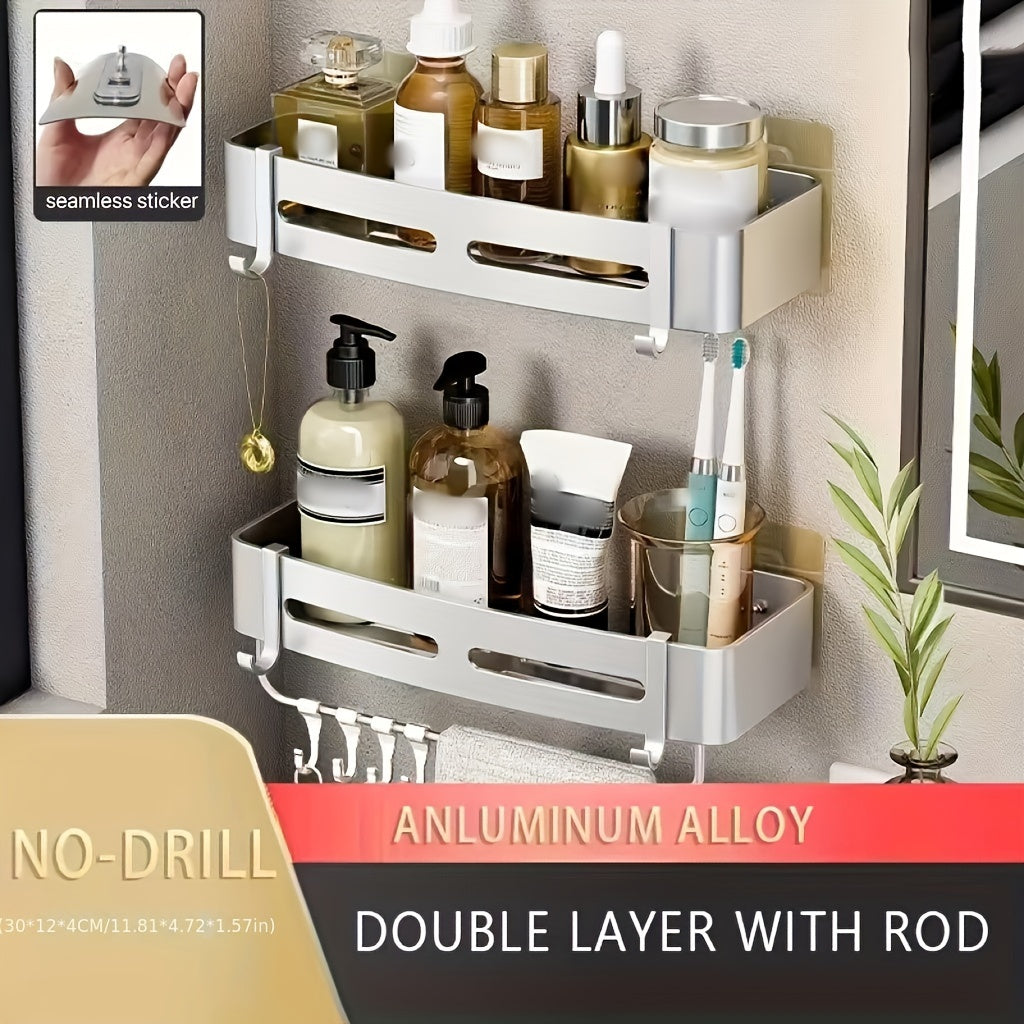 Wall-Mounted Bathroom Storage Rack Aluminum No-Drill Shower Shelf for Shampoo and Cosmetics