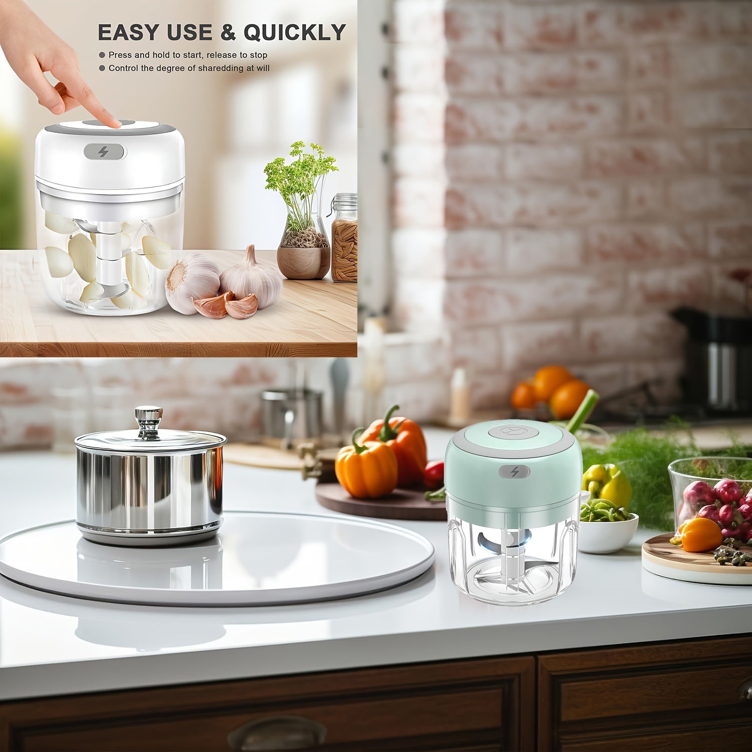 1 dona RZSYZH Ko'p funksiyali Elektr oziq-ovqat maydalagich - USB orqali zaryadlanadigan Mini Sarimsoq maydalagich, Portativ piyoz kesgich - Sarimsoq, Zanjabil, Qizil qalampir uchun sabzavot protsessori (3 rang tanlovi) - Sabzavot