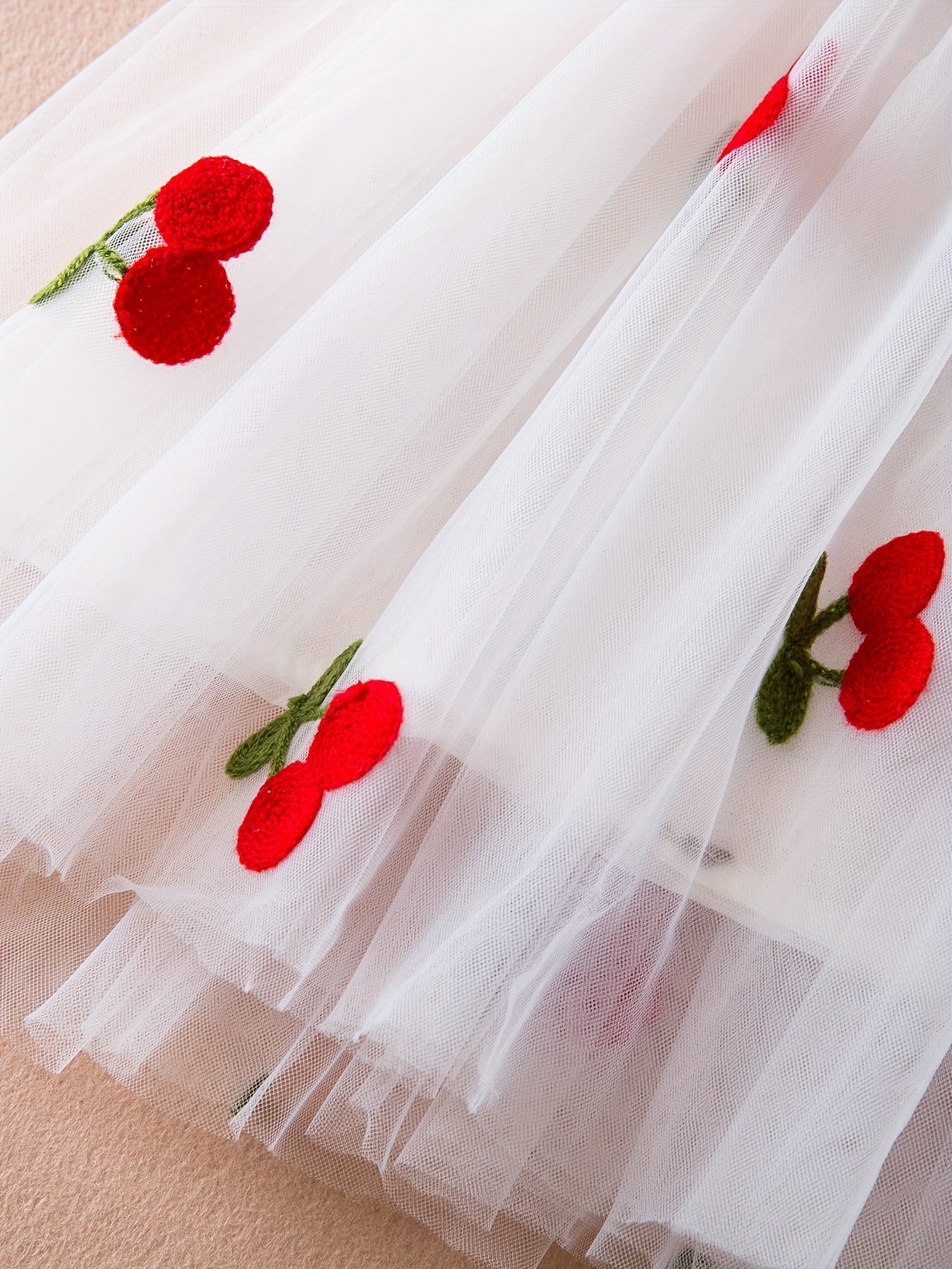 Girls Summer Dress Pink Cherry Embroidered Tulle Ruffled Sleeve Casual Lightweight Polyester