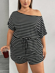 Plus Size Women's Striped Off-Shoulder Jumpsuit with Short Sleeves