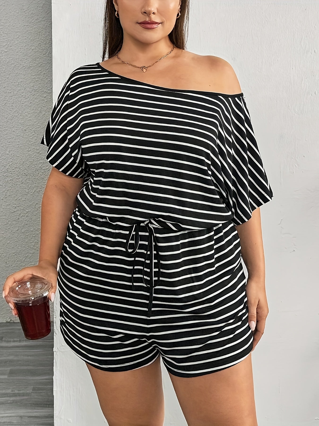 Plus Size Women's Striped Off-Shoulder Jumpsuit with Short Sleeves