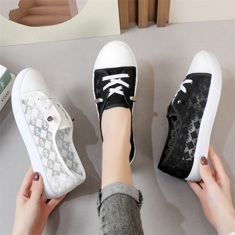 Women's Mesh Sneakers Comfortable Low-Top Lace-Up Shoes Black White