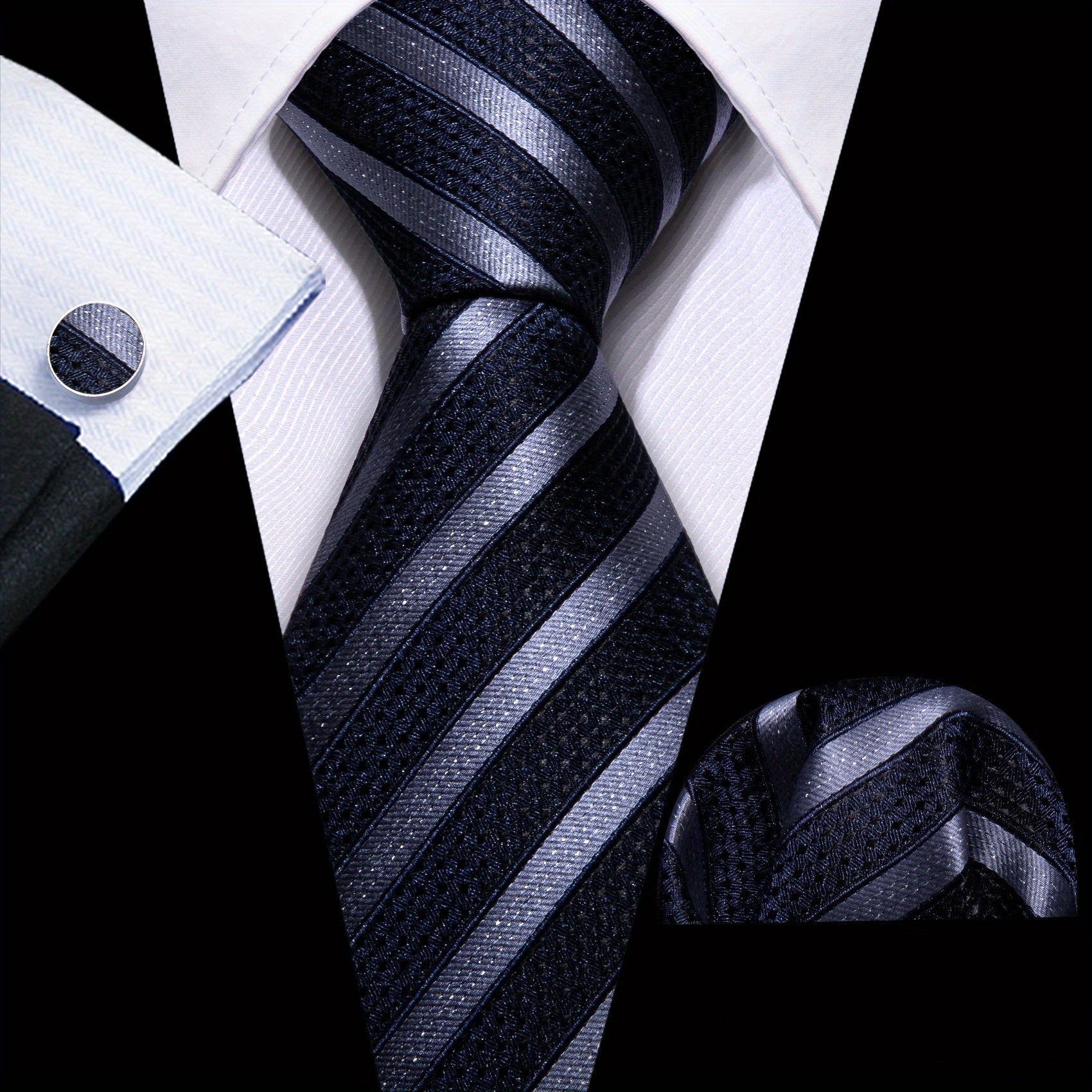Men's Classic Striped Tie Set with Matching Handkerchief and Cufflinks for Formal and Casual Wear