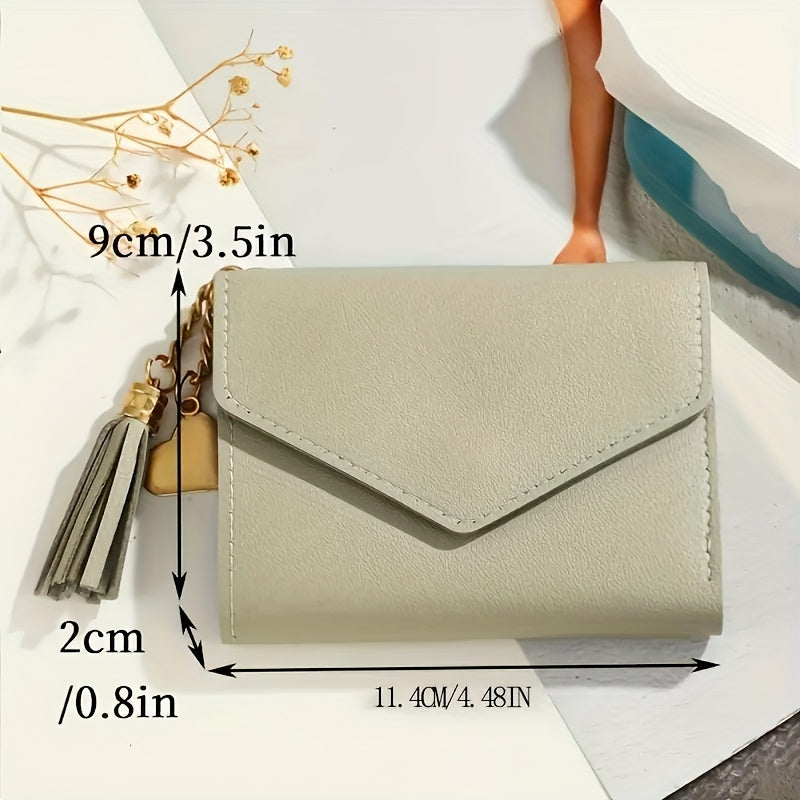 Ayollar uchun ixcham uch qismli hamyon, soxta clutch tangalar sumkasi, minimalist kredit karta ushlagichi, zamonaviy tassel charm va kundalik foydalanish uchun ko'p funksiyali.