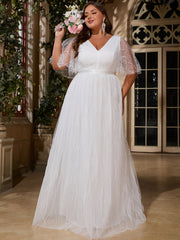 Plus Size Women's V-Neck Ruffle Sleeve Mesh Overlay Wedding Dress Maxi Skirt Formal Evening Wear