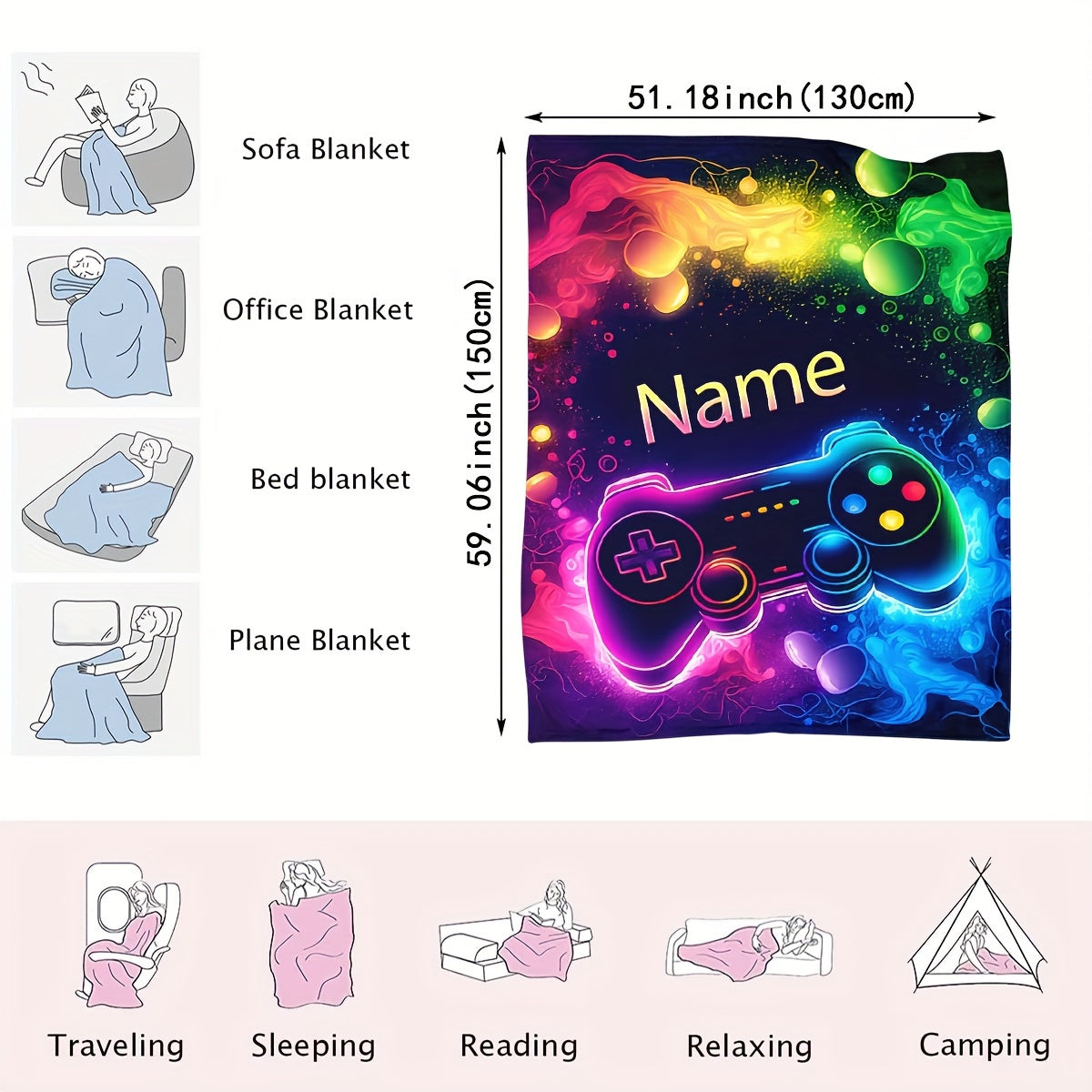 Customizable Gaming Controller Pattern Throw Blanket Flannel Soft Warm Lightweight