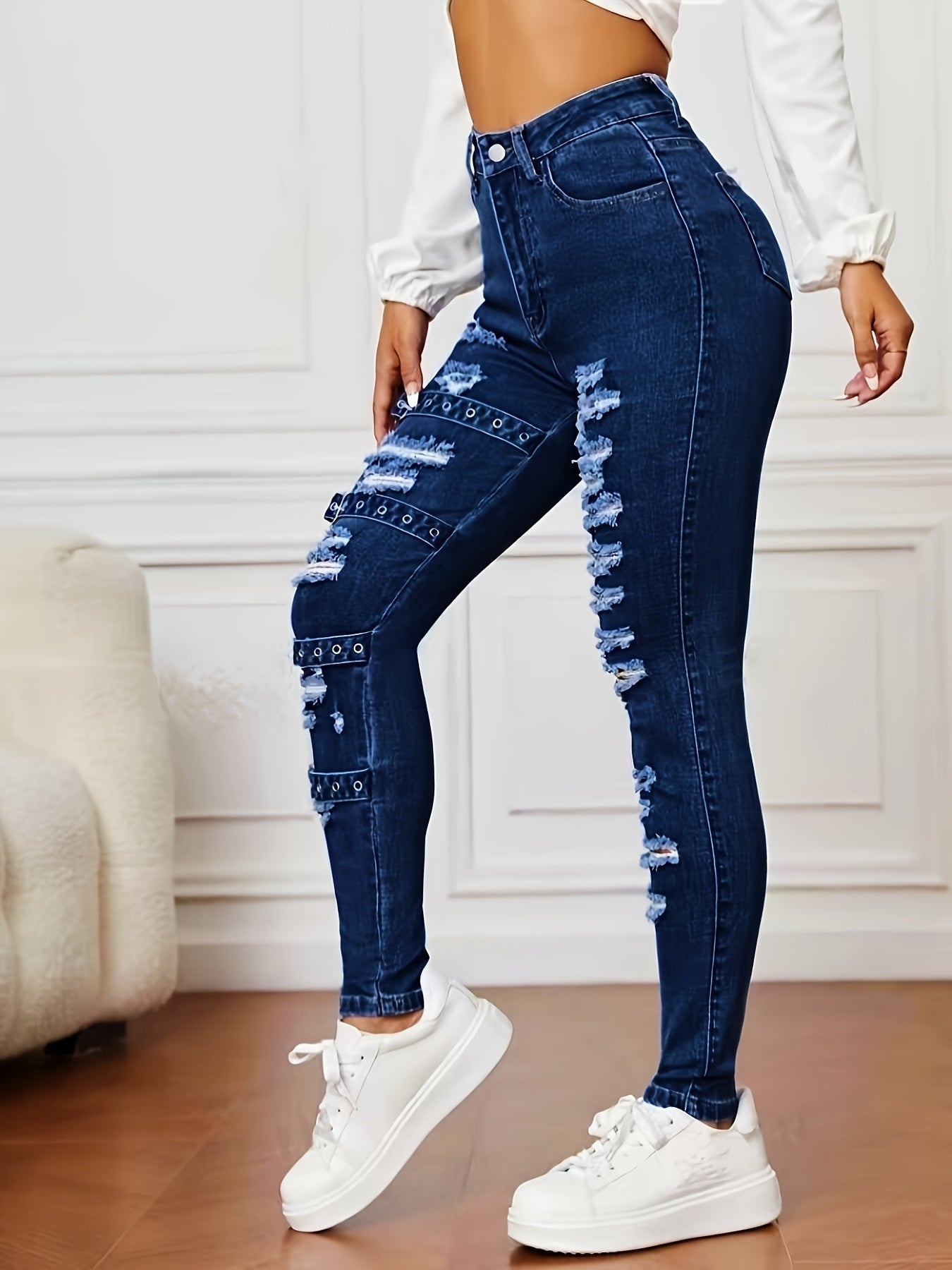 Women's High-Waisted Ripped Skinny Jeans Cotton Polyester Blend All-Season