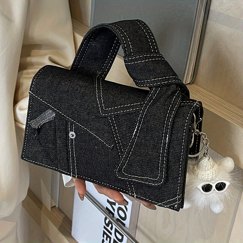 Women's Denim-Inspired Crossbody Bag with Magnetic Closure and Machine Washable Material in Royal Blue and Black