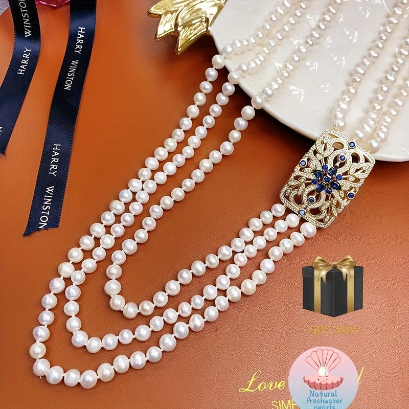Women's Freshwater Pearl Necklace Multi-Strand Elegant Jewelry Gift Box
