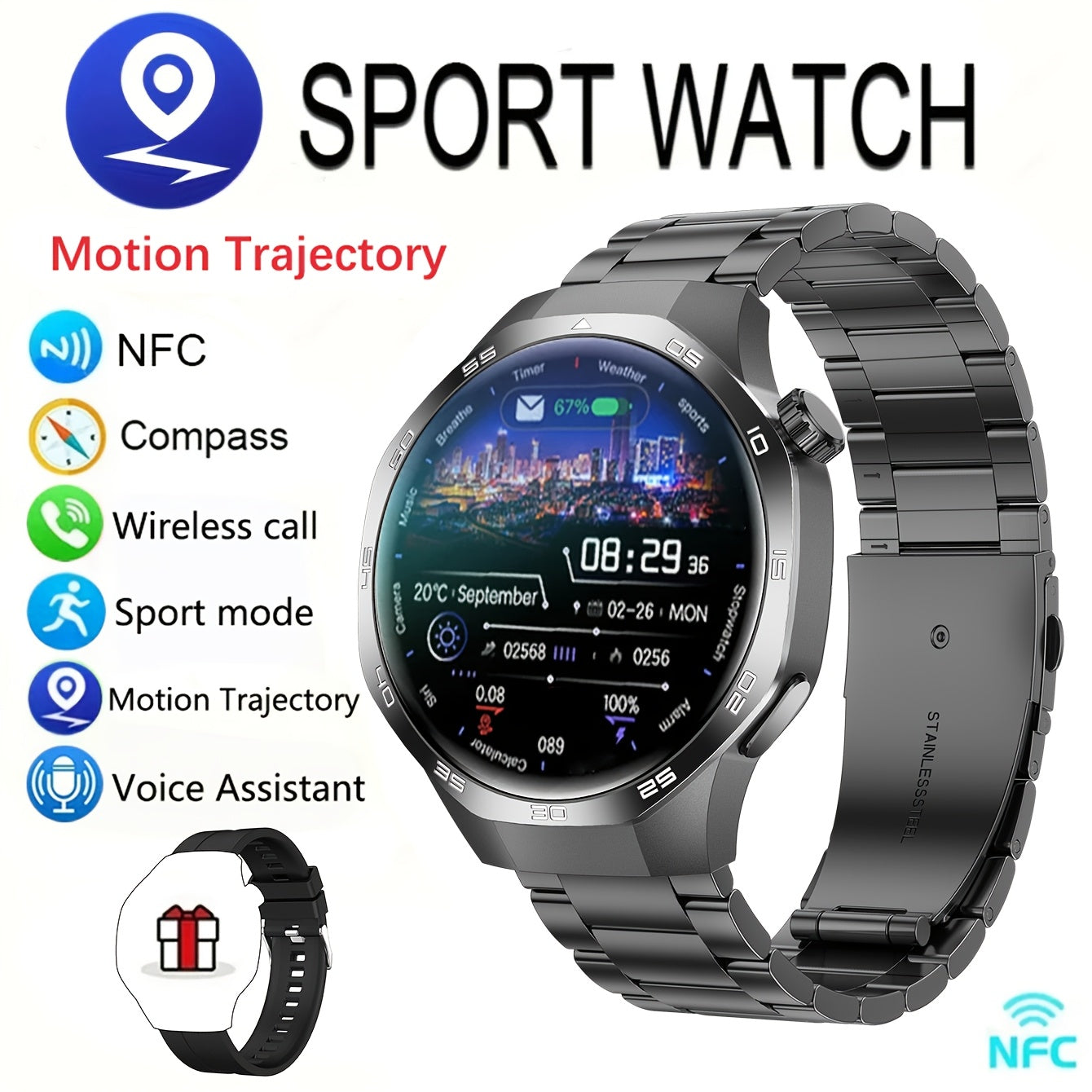 Men's Smartwatch GPS Fitness Tracker with 360x360 HD Screen AI Voice Call NFC 100+ Sports Modes
