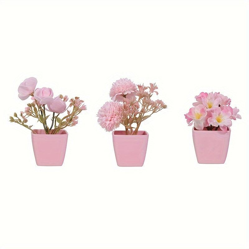 Mini Pink Artificial Plants with Faux Rose and Peach Embroidered Ball Flowers for Wedding Home Office Decor