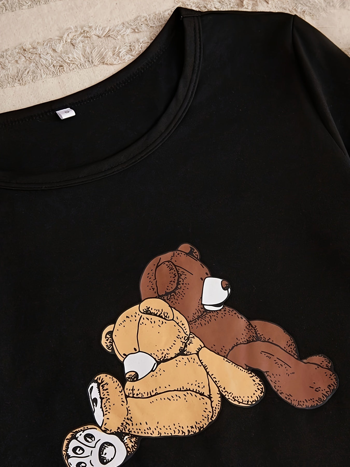 Women's Teddy Bear Print Pajama Set Long Sleeve Top and Plaid Pants Sleepwear