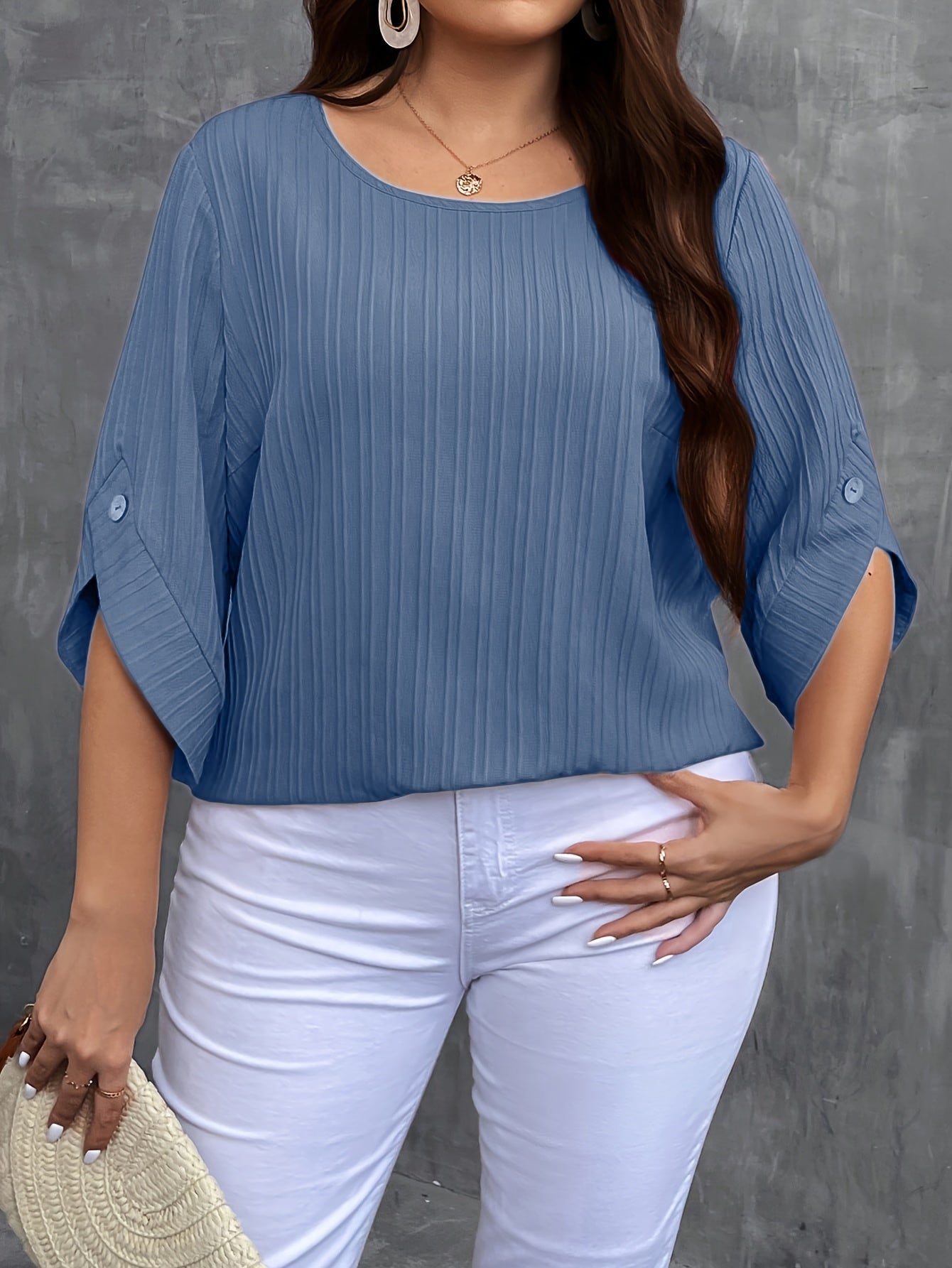 Plus Size Women's Green Button-Up Blouse Casual Short Sleeve Ruched Lightweight Polyester