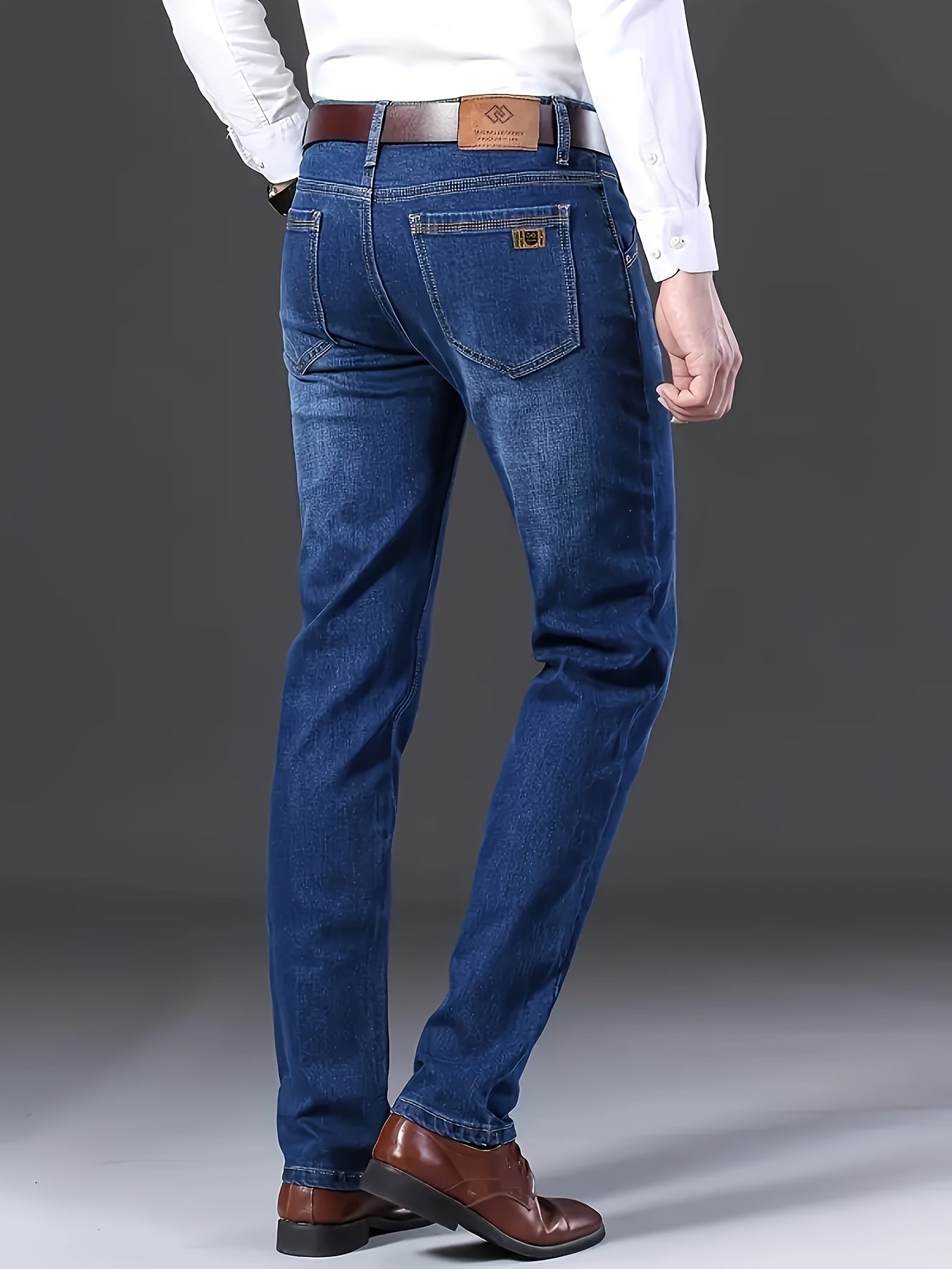 Men's Mid-Rise Cotton Stretch Straight-Fit Business Jeans Zipper Button Closure