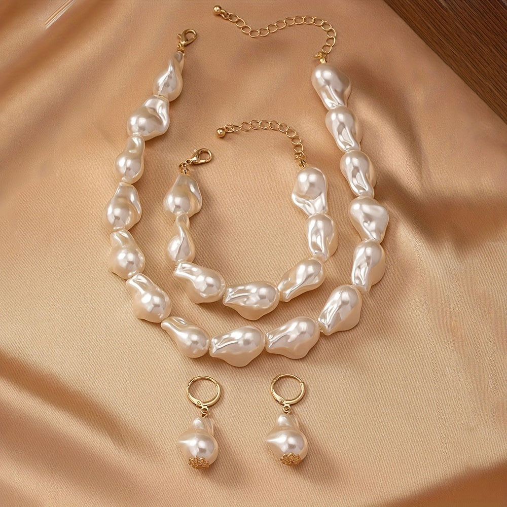 Women's Jewelry Set with Imitation Pearls Baroque Necklace Bracelet Earrings Geometric Design