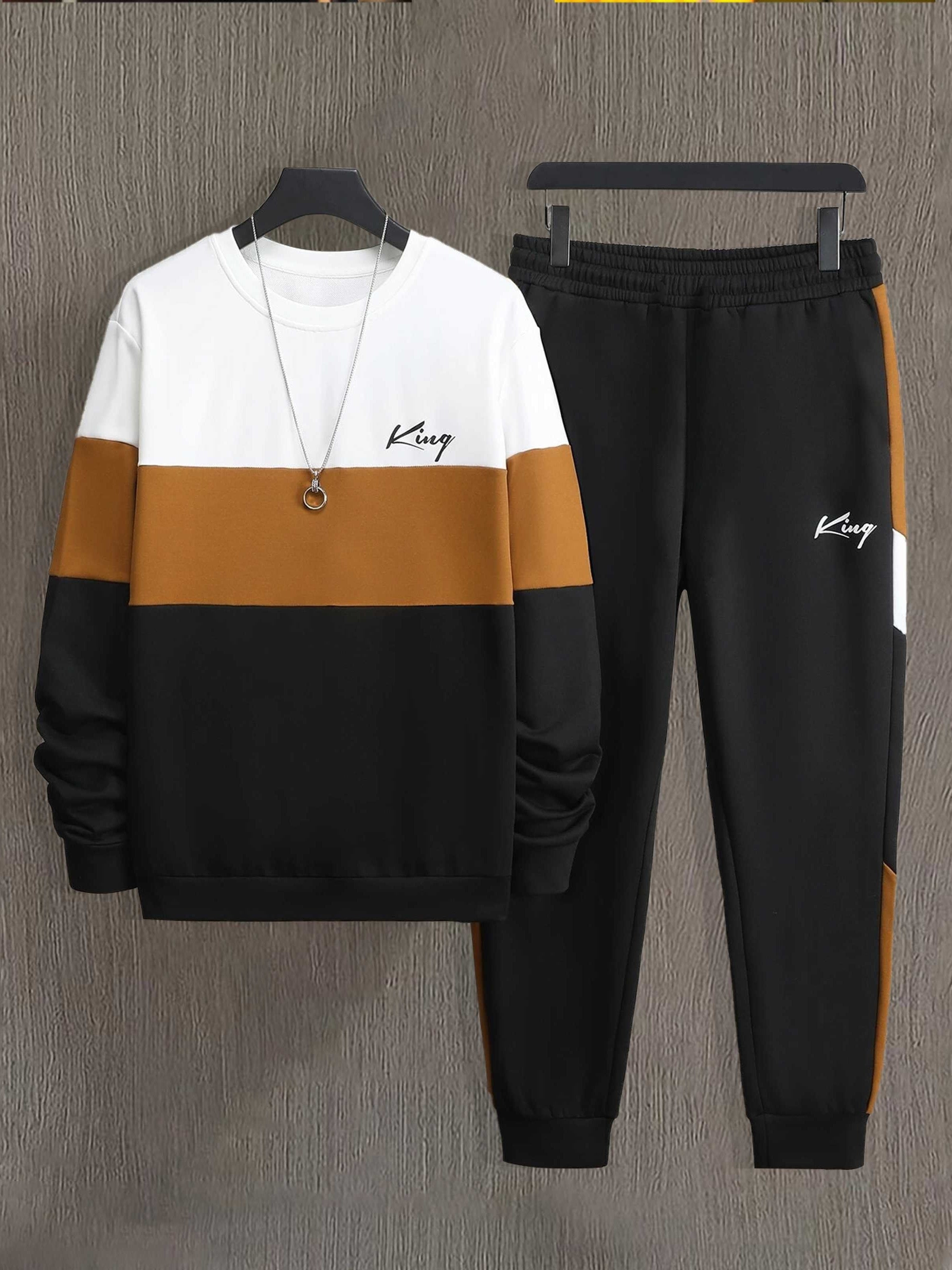Men's Color-Blocked Sportswear Set Long-Sleeve Crew Neck Sweatshirt and Jogger Pants Spring Fall