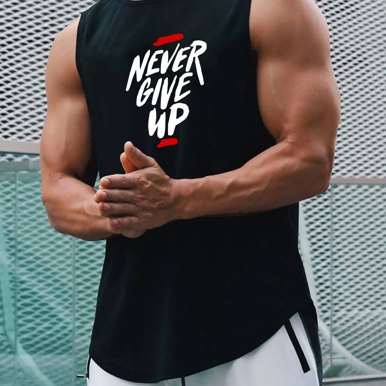 Men's Summer Breathable Polyester Tank Top with "Never Give Up" Print for Workout and Basketball