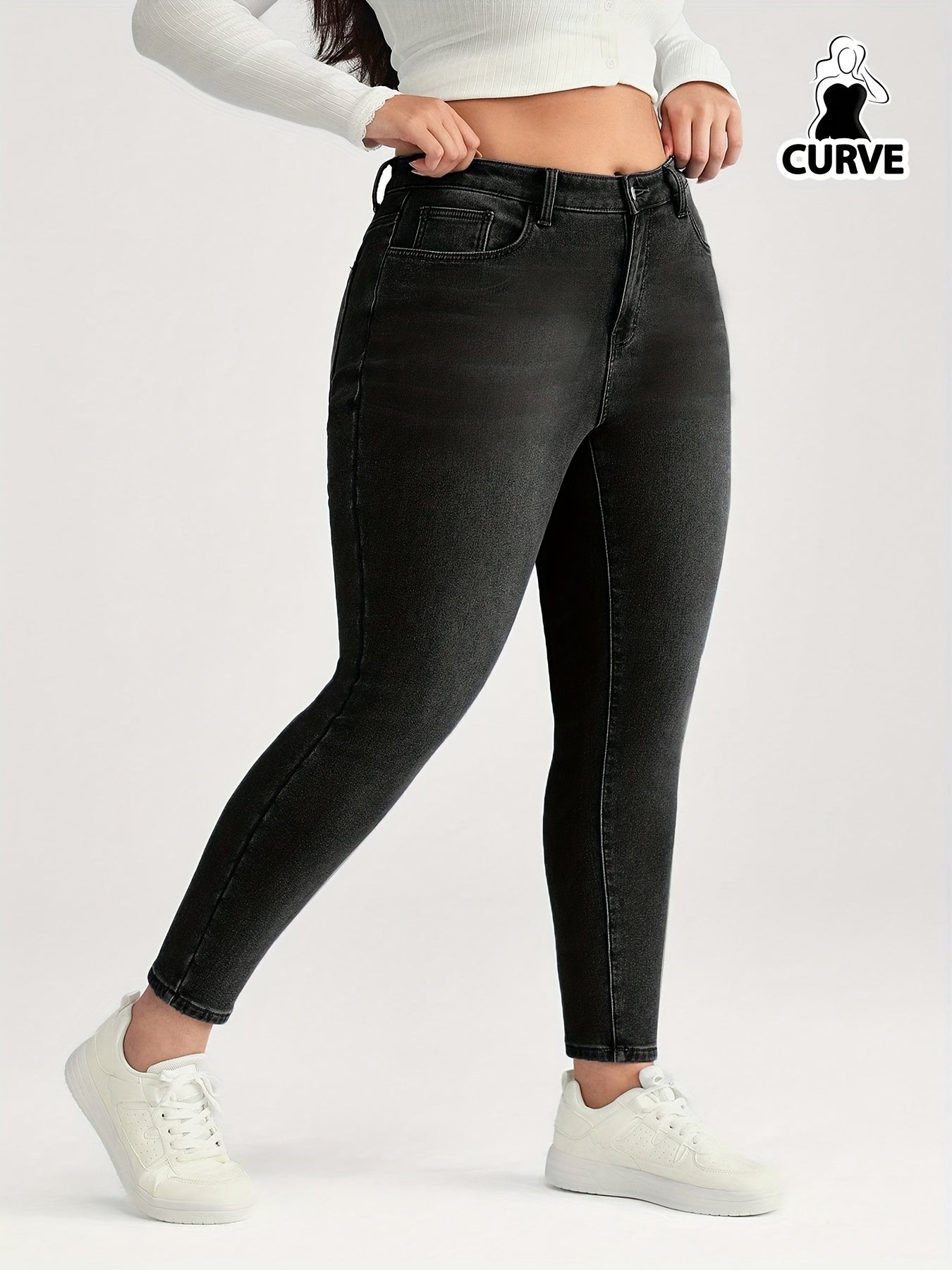 Ayollar uchun yuqori belli elastik skinny jinsilar, qora, kundalik denim