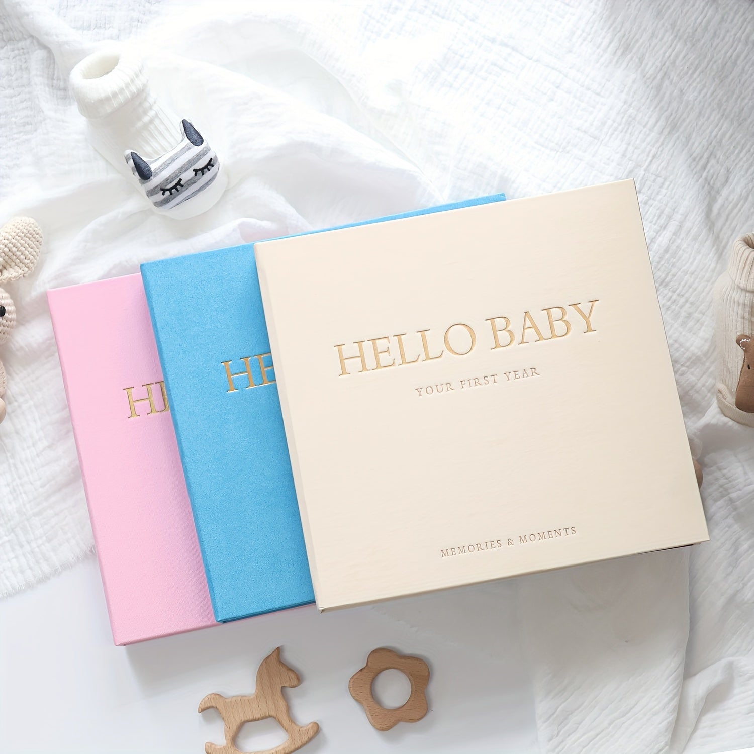 Linen Baby Memory Book Spiral Bound with Milestone Stickers and 86 Pages