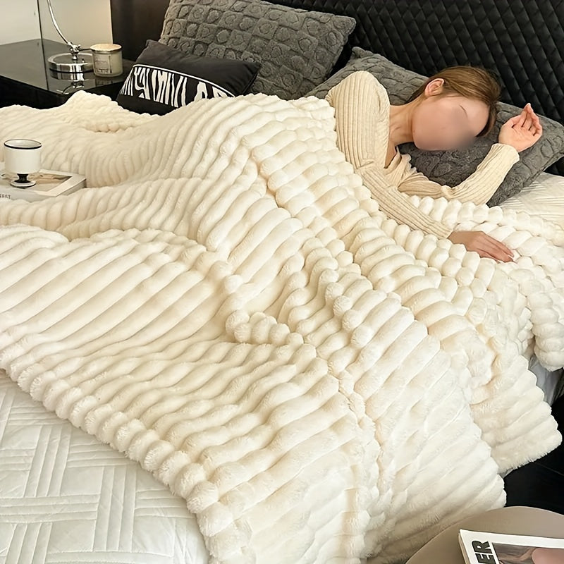 Faux Mink Plush Blanket Soft Cozy Warm for Bedroom Dorm Hotel Stylish Striped