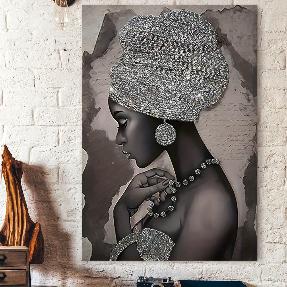 Abstract Canvas Wall Art Featuring Silvery Glitter Embroidered African Woman 40x60cm or 50x75cm