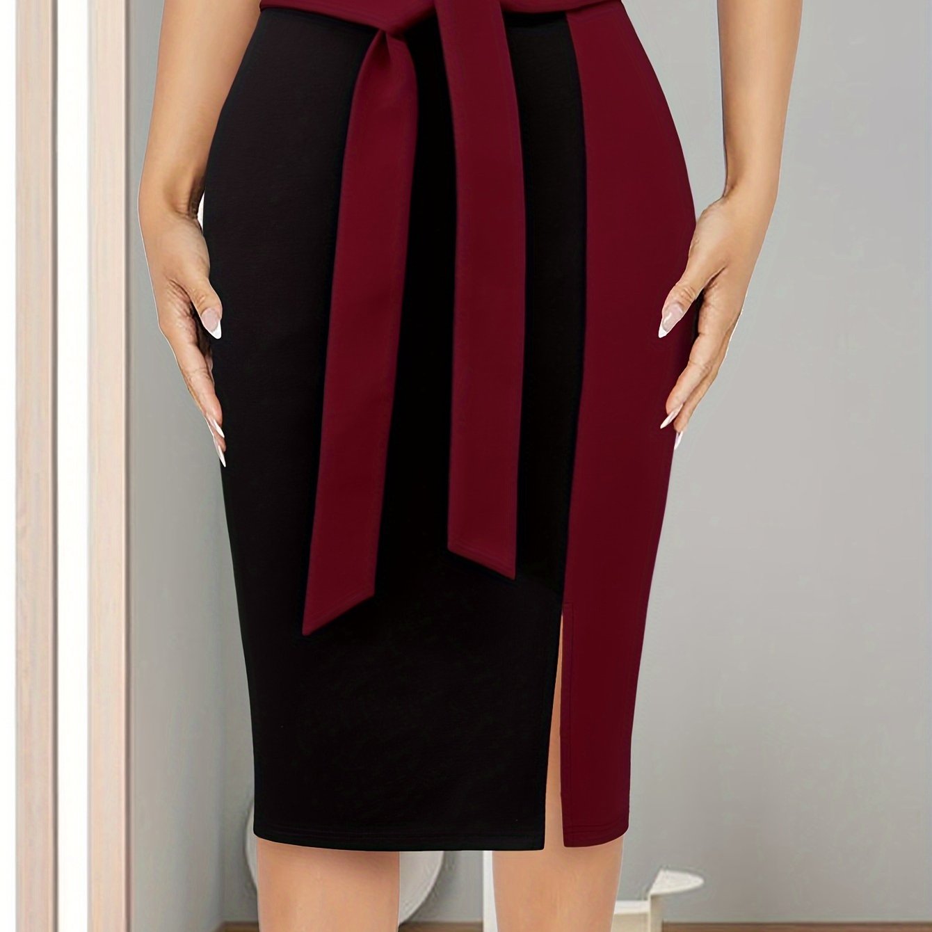 Women's Midi Skirt with Color Block Tie-Waist Rayon Blend for Office or Casual Spring Summer
