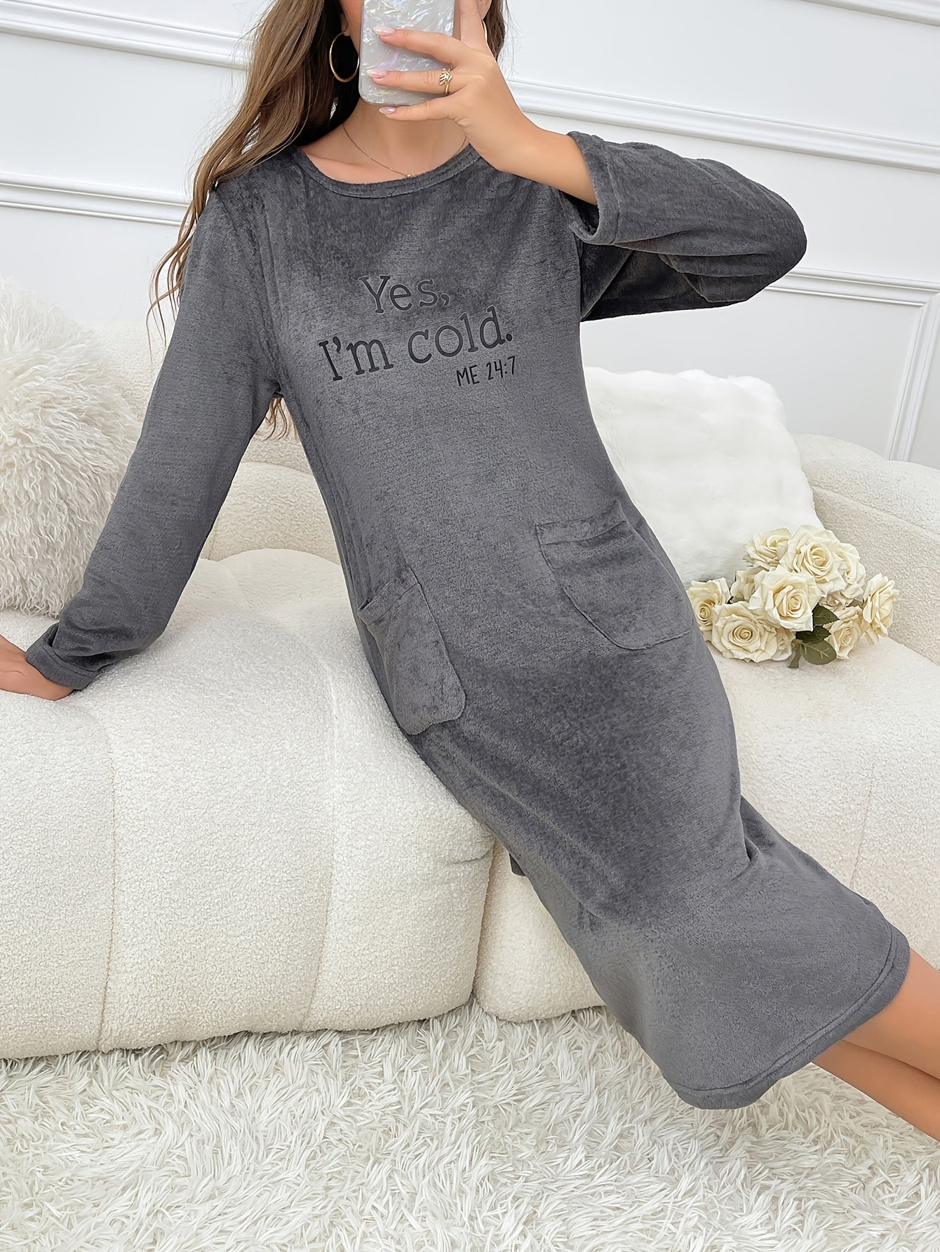 Women's Plus Size Long Sleeve Night Dress Polyester Knit Fall Winter Lounge Wear