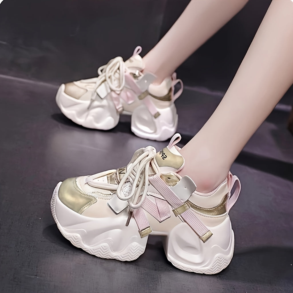 Women's Chunky Platform Sneakers White Pink Synthetic Lace-Up Shoes