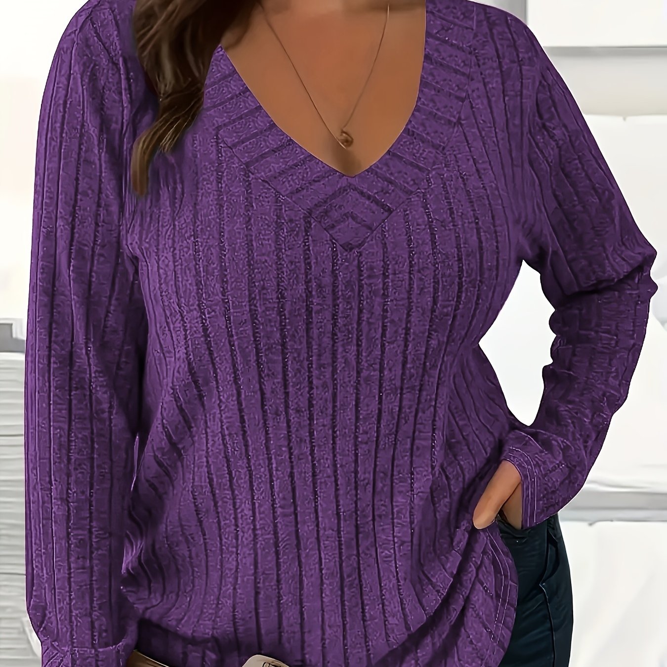 Women's Plus Size V-Neck Sweater Long Sleeve Knit Solid Color Fall Winter