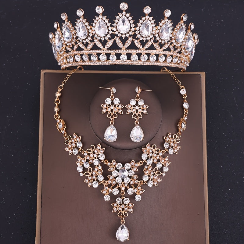 Bridal Jewelry Set Rhinestone Crown Necklace Earrings Wedding Prom Formal