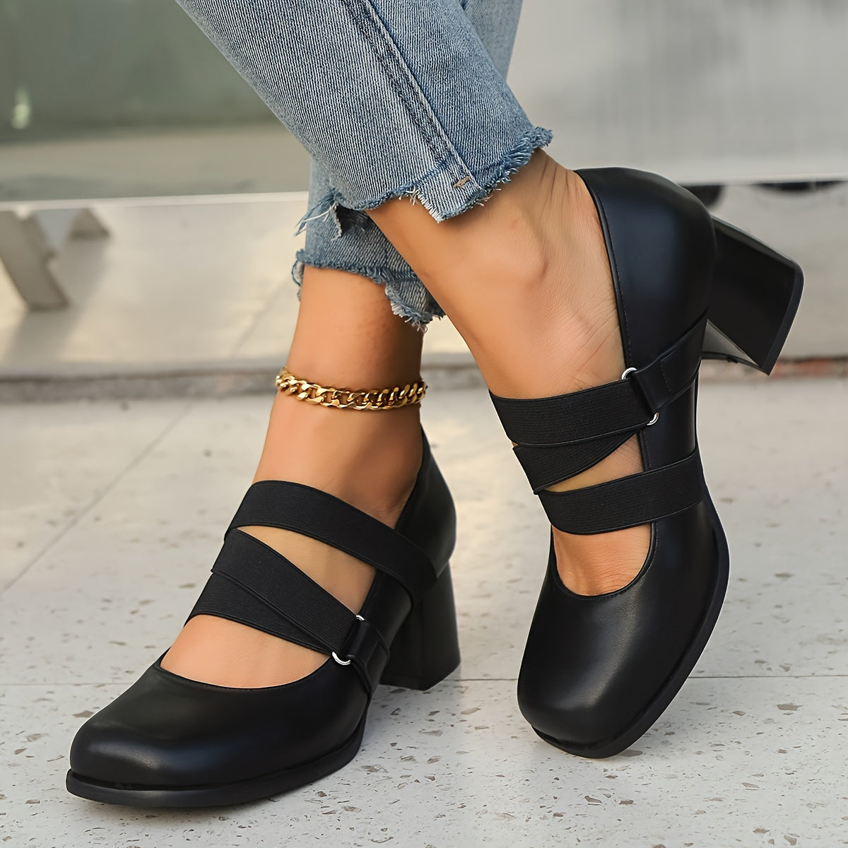 Ayollar uchun kvadrat barmoqli blok poyafzal, kundalik ish poyafzali, sirpanmaydigan brogue dizayni