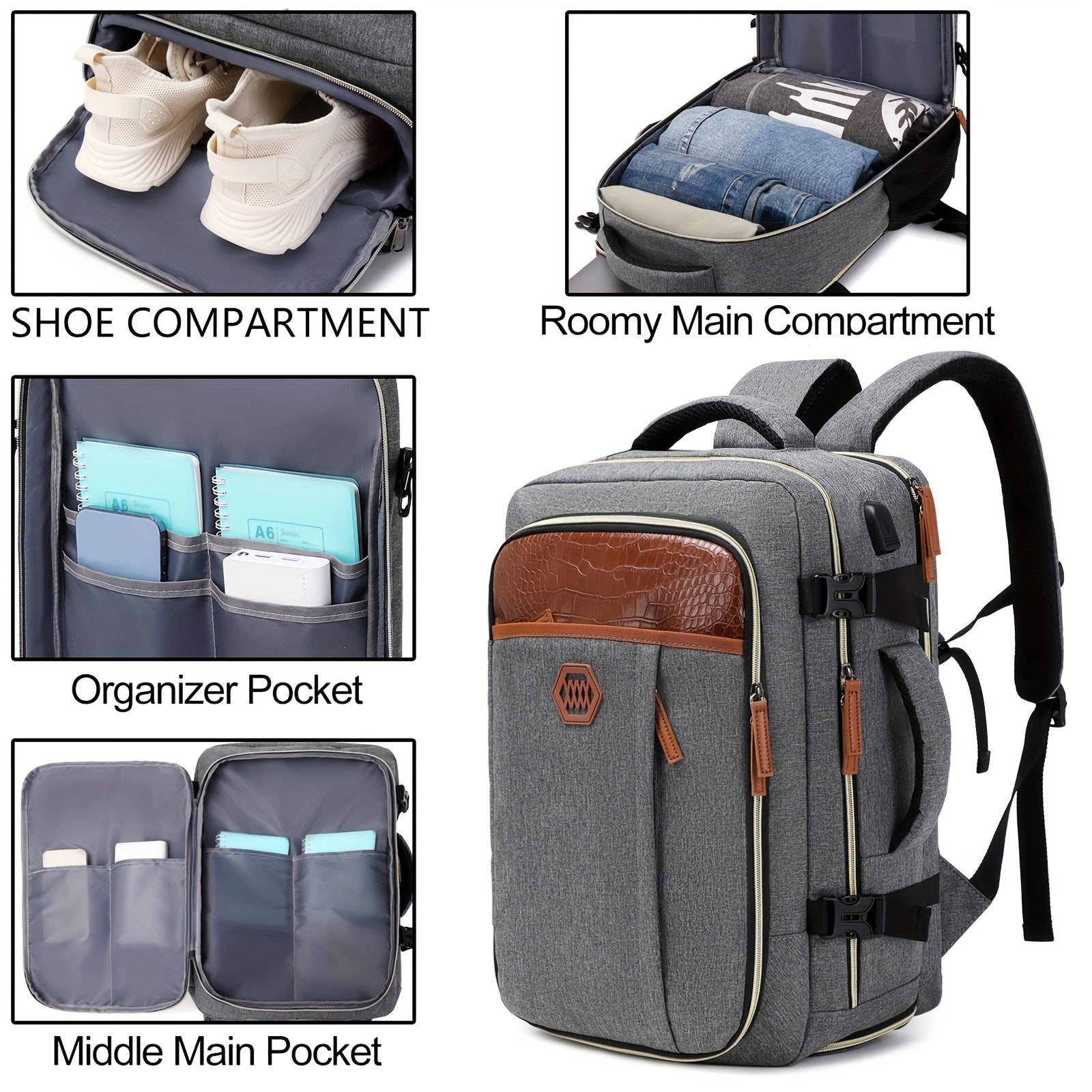 Men's Travel Backpack with Shoe Compartment USB Charging Port 15.6 Inch Laptop Bag for Business and College