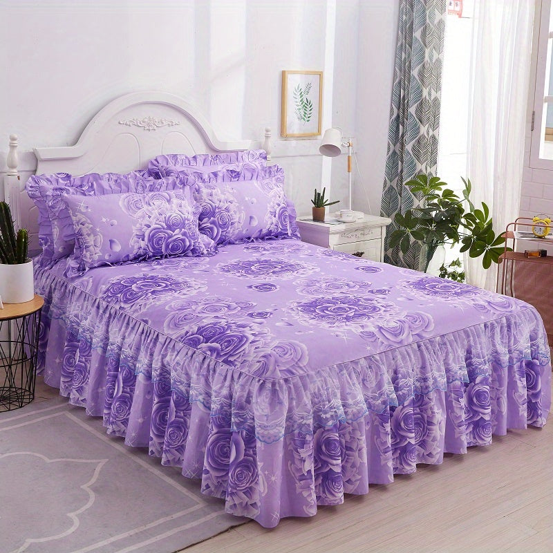 Set of 3 Soft Lace Macrame Bed Skirt and Pillowcase Floral Print Bedroom Decor