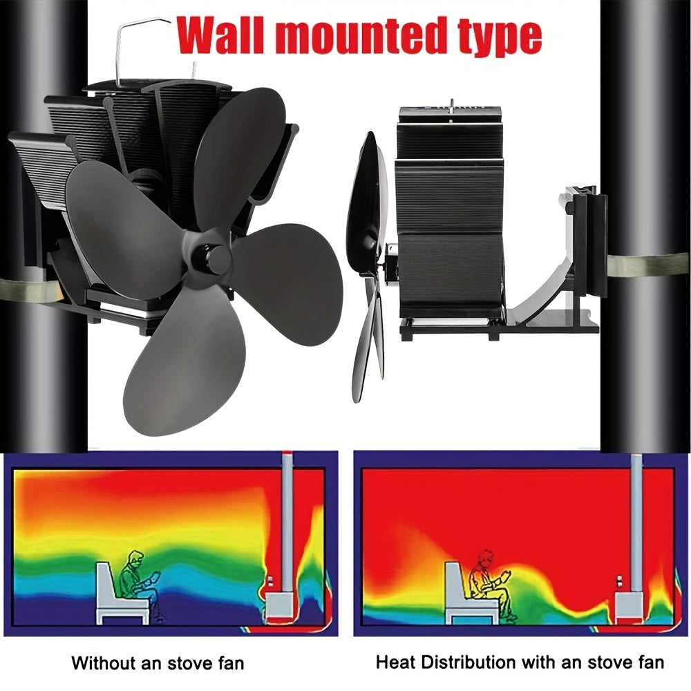 Aluminum Fireplace Fan with 6 Blades Wall-Mounted Heat-Powered Exhaust Fan for Wood Stoves