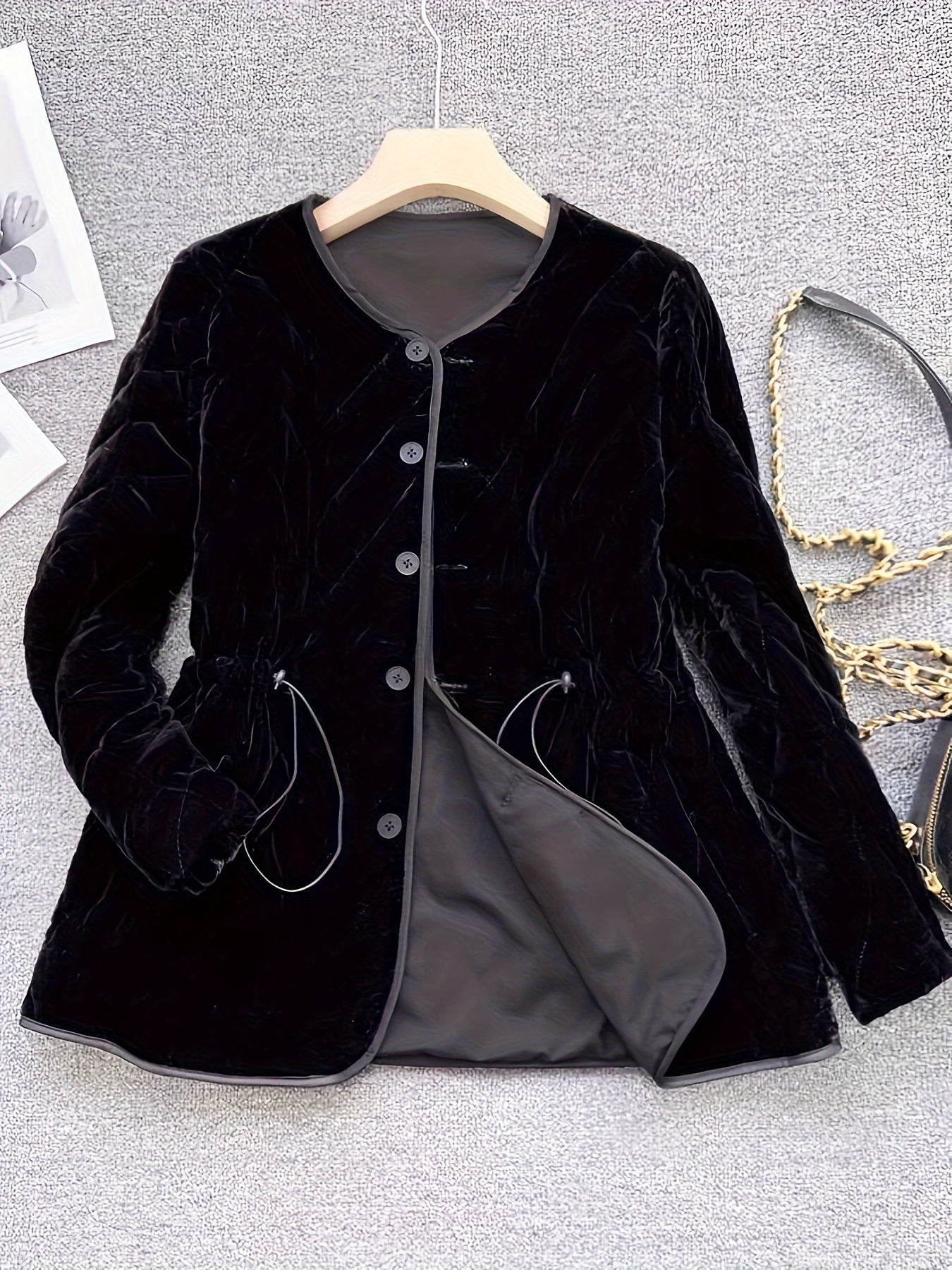 Women's Black Velvet Jacket with Waist-Cinching, Button Front, Tie Details for Spring Fall