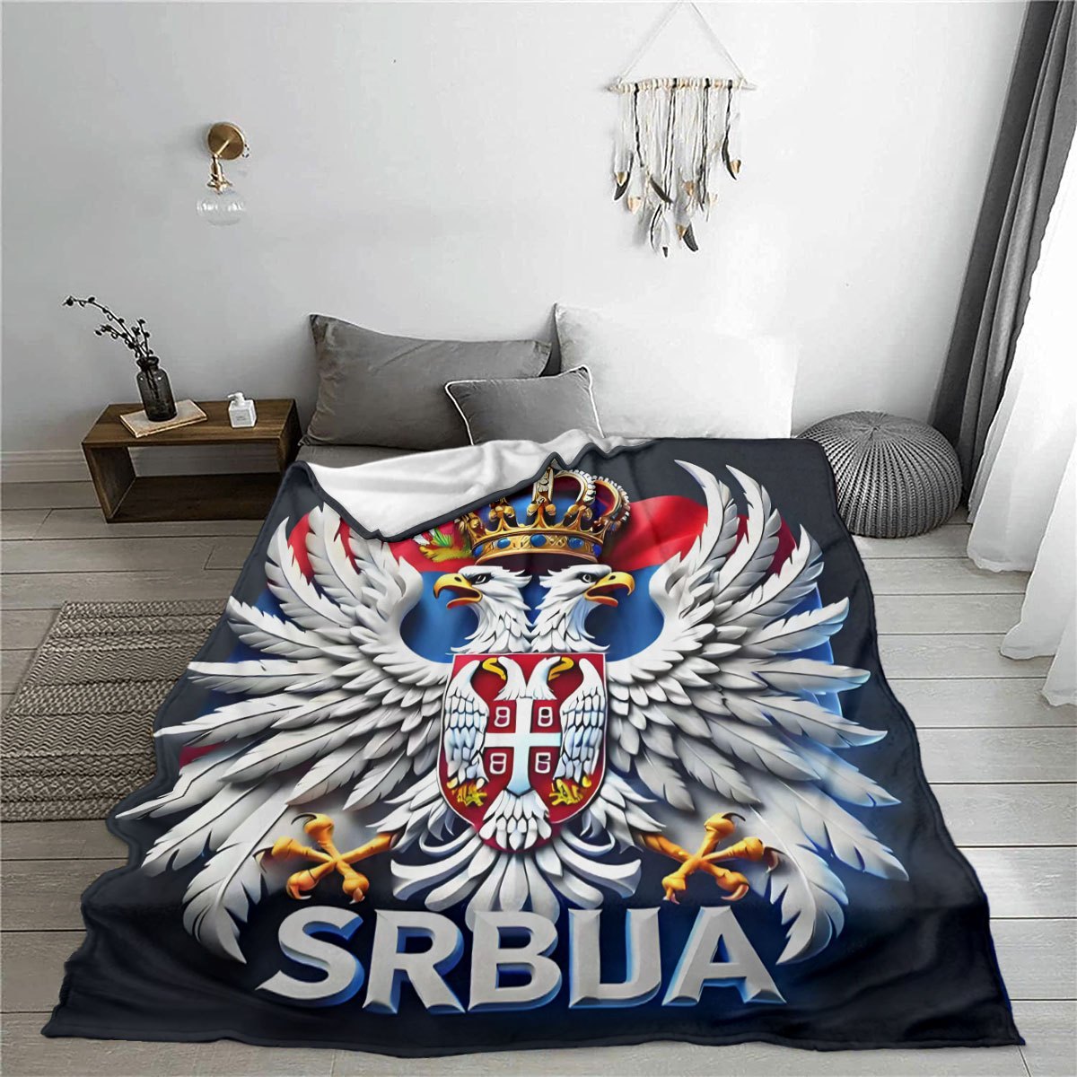 Polyester Flannel Throw Blanket with Serbian Double Eagle Crown Digital Print Lightweight Cozy Stain-Resistant for Home Travel