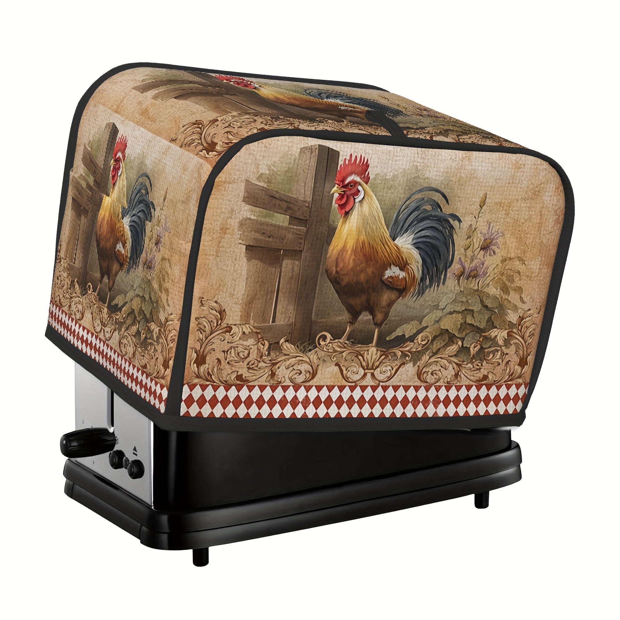Bir dona Vintage Rooster Print Toaster Cover va ikki dona Wide Slot Toaster Cover. Ushbu zamonaviy qopqoqchalar kichik oshxona jihozlaringizni himoya qilish va ularni toza saqlash uchun mo'ljallangan. Ular tozalash uchun oson va sizning