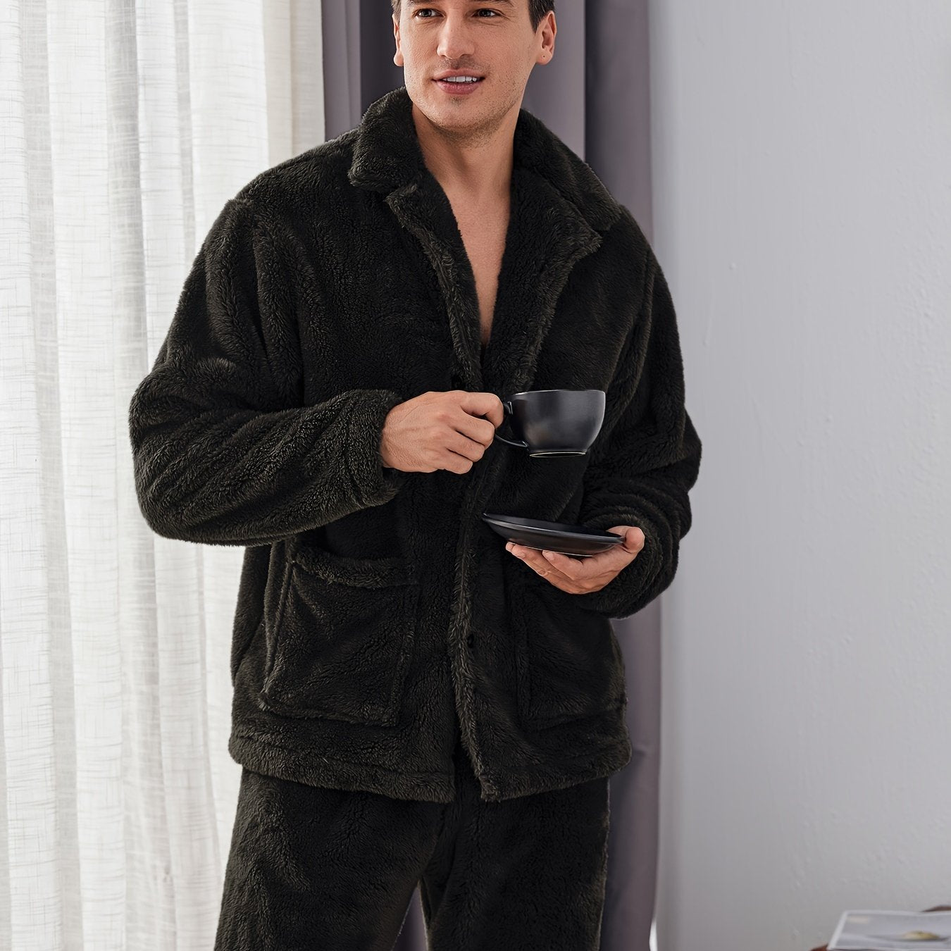 Men's Fleece Pajama Set Long Sleeve Pockets Solid Color Winter Casual
