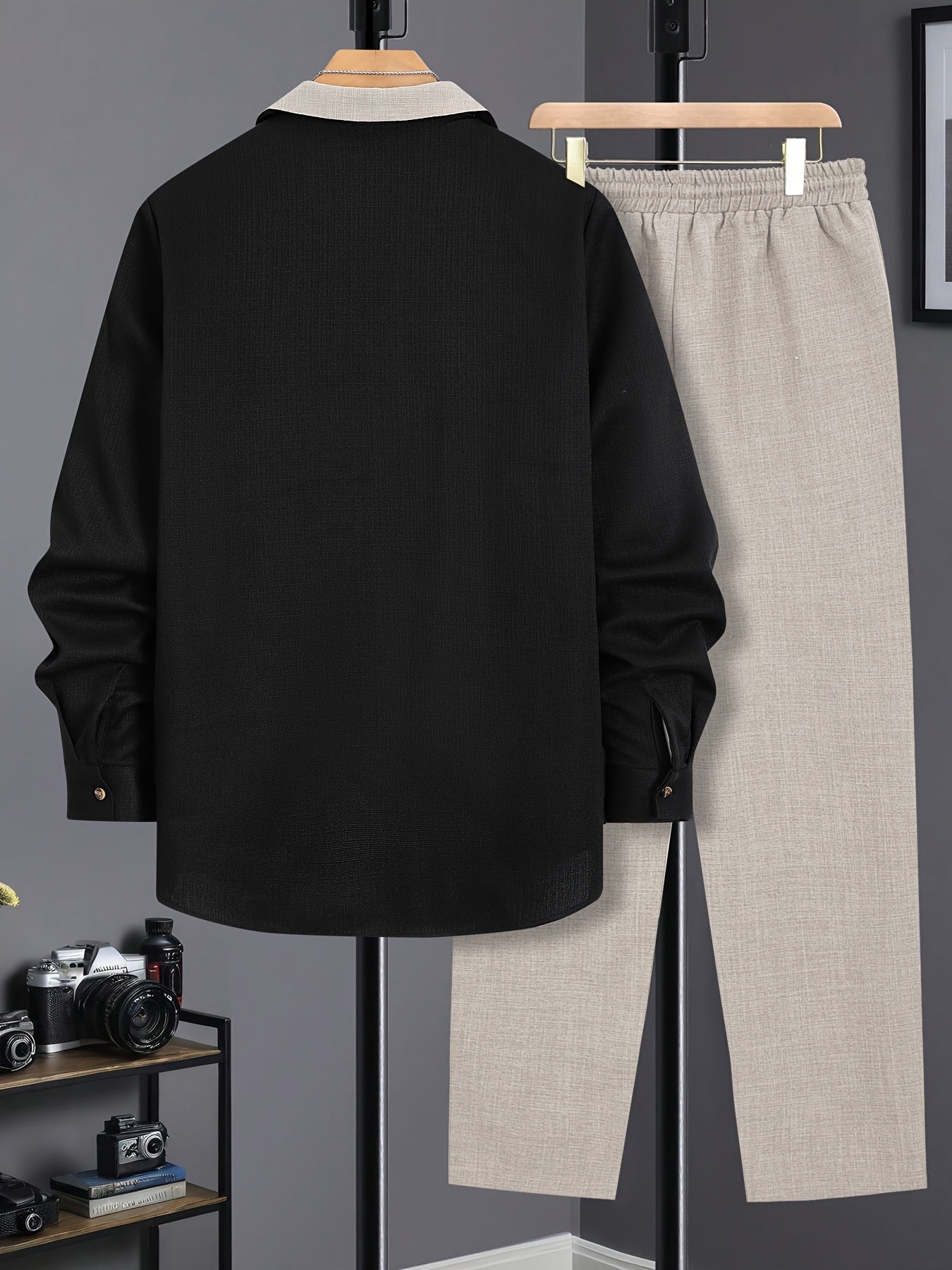 Men's Autumn Winter Long Sleeve Button Shirt and Casual Pants Set Polyester Solid Color Regular Fit