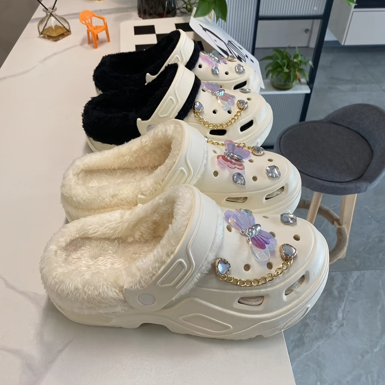 Women's Warm Plush Lined Shoes with Butterfly Heels and Bear Accessories