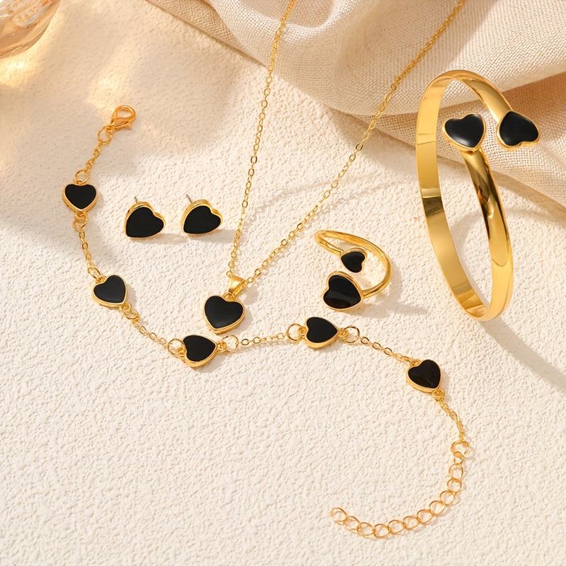 Women Sparkling Heart Jewelry Set 5 Pieces Necklace Bracelet Ring Earrings Gift