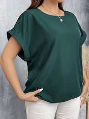 Блузка женская повседневная, однотонная синяя, с круглым вырезом и короткими рукавами, большой размер