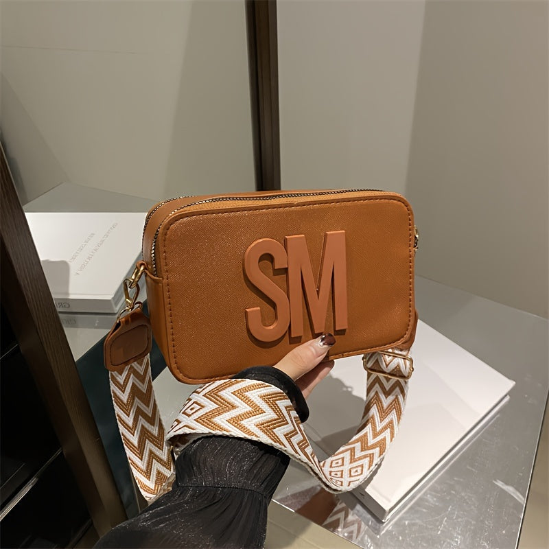 PU Crossbody Bag with Adjustable Wide Strap Zigzag Pattern in White Black Pink Light Brown