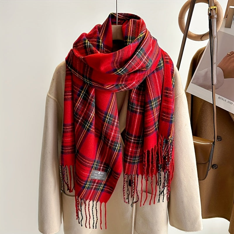 Women's Red Plaid Faux Cashmere Scarf with Tassel, Two-Way Wear, Breathable Polyester